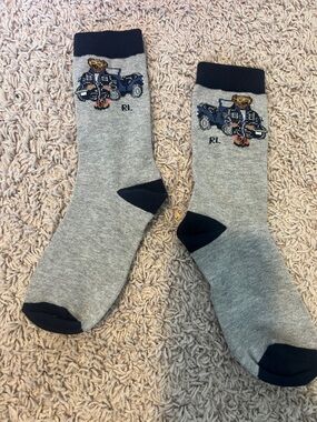 New Polo Bear Grey Crew Socks with Navy Accents